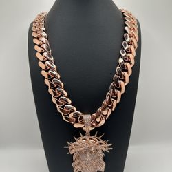 👑Premium Quality👑  20mm - 24inch Rose Gold Plated Miami Cuban Link  & Jesus Thorn Crown Pendant Charm 2 Piece