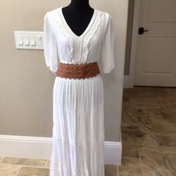 White Dress With Ruffle Detail And Belt