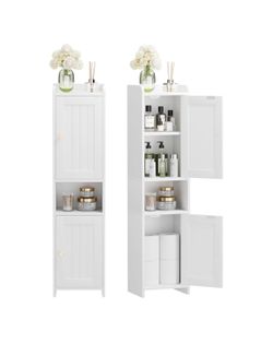 Bathroom Cabinet with 2 Doors, 7.3 x 9.8 x 40.4 Inches, Small Freestanding Storage, White