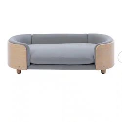 Large Size Light Grey Elevated Dog Bed With Solid Wood Legs and Bent Wood Back, Velvet Cushion