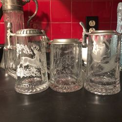 3 Glass Stein Beer Mugs W/Stag & Embossed Pewter Lids