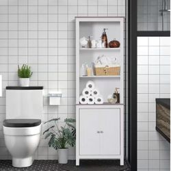 HOMCOM White Storage Cabinet, Bathroom Linen Tower, Kitchen Cupboard, Cabinet, Bookcase with Double Door 3-Tier Shelf