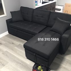 Black Sectional Sofa Pull- Out Bed With Storage 