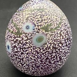 Art Glass Egg 2.5"Millefiori, White/Blue Dots Signed 