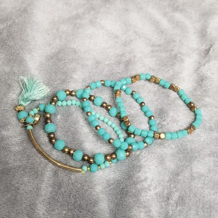 Turquoise Teal Set Of 4 pc Stretch Beaded Bracelets
