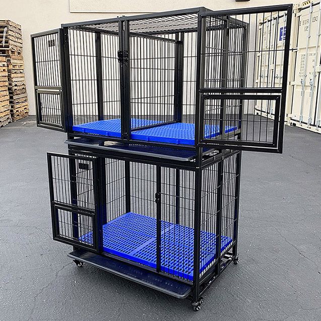 (NEW) $250 (Set of 2) Stackable Dog Cage 37x25x64” Heavy Duty Folding Kennel w/ Plastic Tray 