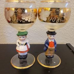 Goebel Hummel Figurine Wine Glasses German Boy and Girl Gold Trim West Germany