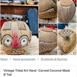 Vintage Tribal Art Hand -Carved Coconut Mask 6”Tall