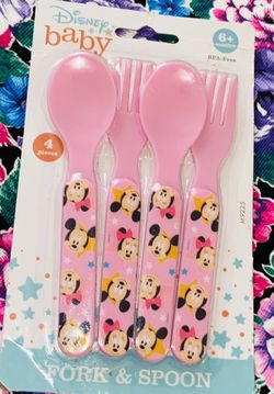 6+ Months Babygirl Disney Minnie Mouse Pink Designed 4 Pk Of Fork & Spoons Set 