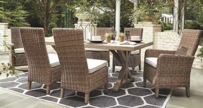 Beachcroft 7-piece Beige Outdoor Dining Set with 2 Armchairs