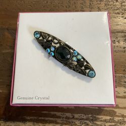 DARK GREEN ACRYLIC CENTER STONE BLUE AB COLOR RHINESTONE DARKENED BRONZE BROOCH