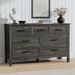 Farmhouse 7 Drawers Dresser For Bedroom, Wood Rustic Wide Chest Of Drawers With Deep Drawers, Metal Handle, Storage Dress