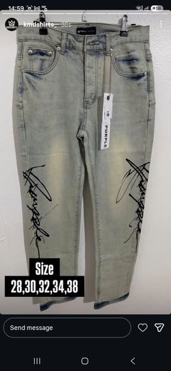PURPLE BRAND LIGHT GREY SCRIPT GRAPHIC DENIM JEANS NEW COLLECTION