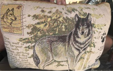 vintage j wiens wildlife wolf woven tapestry throw pillow - cabin /rustic decor 16” x 11” “Conservation Wolf.”