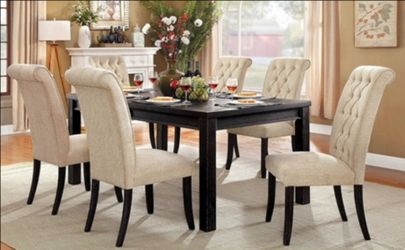 Brand New Antique Black & Beige Mid-Century Modern Style 7pc Formal Dining Table Set