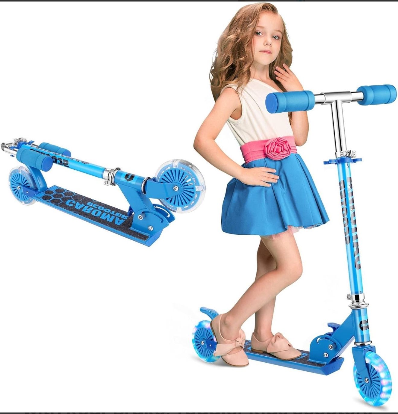 CAROMA Scooter for Kids Ages 6-12, 2 Wheel Scooter 3 Adjustable Height, Light Up Wheels with Rear Brake, Toddler Kids Scooters for Children 3-12