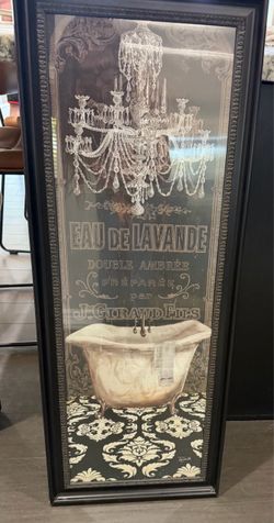 Vintage Framed Bathroom Wall Art – Chandelier & Clawfoot Tub – 15” x 39”