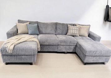 Brand new grey fur like corduroy Sectional Sofa with double chaise and two accent pillows.