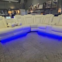 White breathing leather recliner sectional sofa with LED lights,cup holders