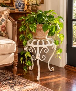 Vintage Cream Ornate Metal Plant Stand Grandmillennial Charming French Country Iron Plant Riser 15”H Table Display French Cottage Sturdy Ornate