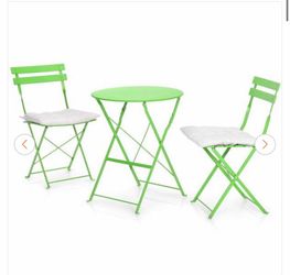 Foldable Green 3-Piece Metal Outdoor Bistro Set with White Cushion, Set Included 2-Chairs and 1-Table 12 $65