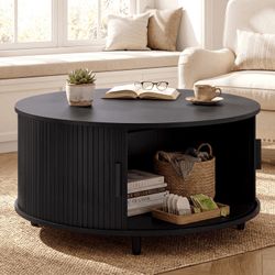 31.5" Round Coffee Table with Storage, Modern Coffee Table with 360° Curved Sliding Door, Fluted Wood Coffee Table with Adjustable Footpads for Living