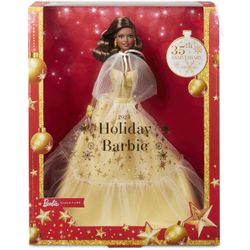 2023 Holiday Barbie Doll, Seasonal Collector Gift, Golden Gown and Dark Brown Hair