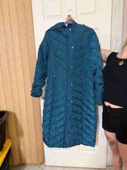 Teal Long Quilted Puffer Coat with Hood