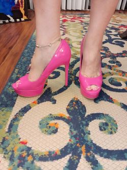 Hot Pink Patent Leather Platform Peep-Toe Heels