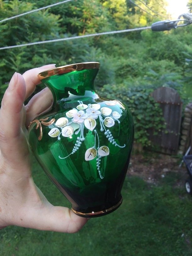 Murano Glass Made In Italy Green Bud Vase Hand Painted Enamel Flowers 24kt Gold