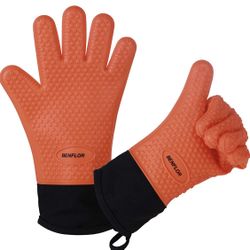 Benflor Grilling Gloves, Double-layer Silicone Gloves with 3.1 Inch Extra Cuff, Cotton Oven Mitt Waterproof Non-Slip for Baking and Cooking, BBQ Heat 