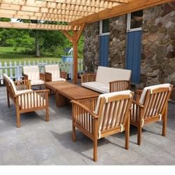 Outdoor Patio Wood Couch With Chairs And Coffee Table