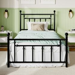 Twin Size Metal Platform Bed Frame with Victorian Vintage Headboard, Black