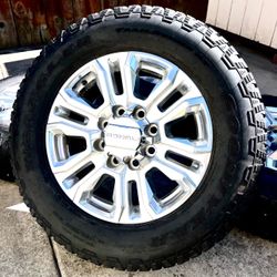 20” GMC Sierra 2500 Denali OEM Polished Duramax Wheels and 275/65R20 Goodyear TrailRunner 85% Tread