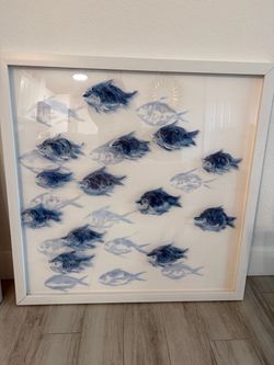 Framed Blue Fish School Wall Art