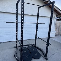 Commercial Grade Squat Rack, Bumper Plates, Barbell