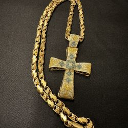 14 Karat Gold Cross With Blue, Yellow, Clear Diamond Accents 