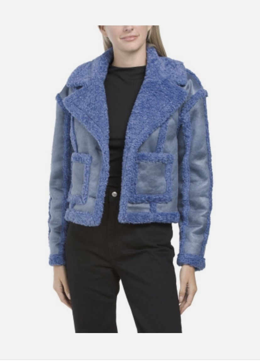 Brand New Woman’s 7 For All Man Kind brand Blue Faux Suede & Sherpa Jacket Up For Sale 