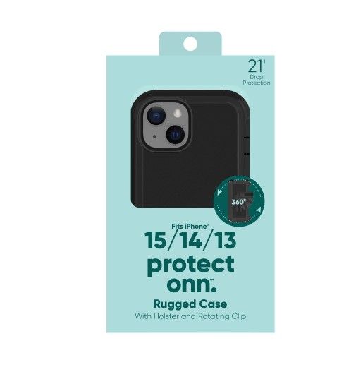 onn. Rugged Phone Case with Holster for Apple iPhone 13/14/15 Black NWT