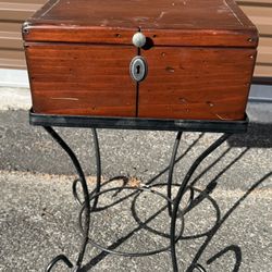 Vintage Sewing Box Side Table on Wrought Iron Stand 21H x 12 x12