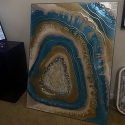 48x36 Large Teal & Gold Geode Resin Art – Crystal Epoxy Wall Decor 