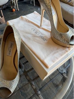 Jimmy Choo 247 Crown Champagne Glitter Peep Toe Platform Heels Size 8.5 w/ Box