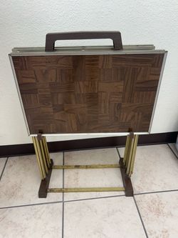 Vintage Mid Century Modern Tv Trays with Cart Faux Wood ( As - Is )