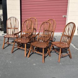 Vintage Set of 6 • Oak Brace Back Windsor Style Dining Chairs. 