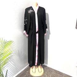 Oscar de La Renta Pink Label Kimono Long Robe Black W/ Pink Floral Women’s Sz Medium