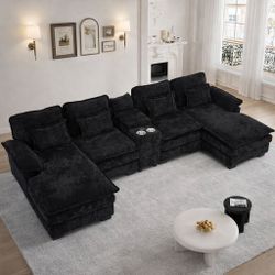 124” Black Chenille U-Shaped Sectional Sofa w/ USB Centra Storage  [NEW] **Assembly Req**  