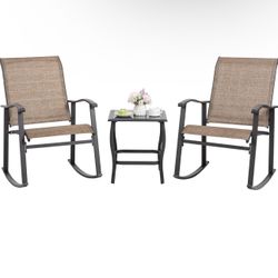 Walsunny 3 Pieces Rocking Bistro Patio Furniture Rocker Set with 2 Outdoor Rocking Chairs and 1 Glass Coffee Table for Porch Deck Lawn,Brown