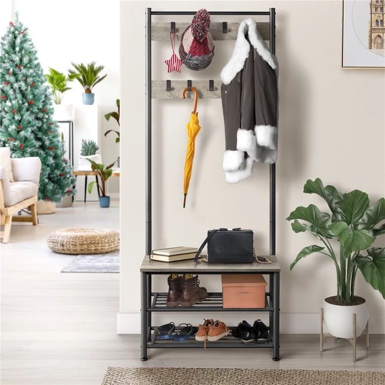 73'' H Metal Hall Tree Entryway Coat Rack with Shoe Storage Bench & 9 Movable Hooks,Gray