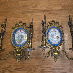 Antique Pr. French Bronze & Procelain Sevres Ribbon Wall Sconce C. 1820
