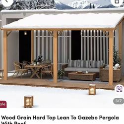 New in box!!10x14 wall mounted gazebo, wood coating, metal frame, polycarbonate hardtop